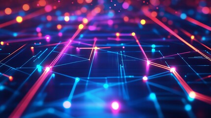Poster - abstract digital network with neon lights and geometric patterns, showcasing a futuristic and vibran