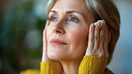 Poster - A senior woman adjusts her hearing aids via a mobile app, demonstrating modern elderly technology solutions Stock Photo with side copy space