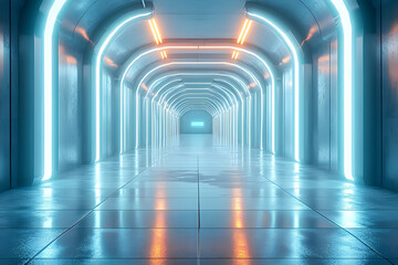 Poster - A 3D rendering of a futuristic, sci-fi room with white neon tube lights glowing on a concrete floor, creating reflections and an empty space