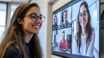 Poster - A young woman smiles, looking at a large screen displaying a video conference with multiple colleagues. She's engaged in a virtual meeting, showcasing modern remote work.