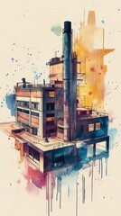 Sticker - Colorful watercolor depiction of an industrial building, blending realism with abstract art through vivid splashes and creative design.