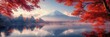 © Planetz - Serene Autumn Landscape with Vibrant Red Leaves and Majestic Mountain Reflection in Calm Water at Dawn