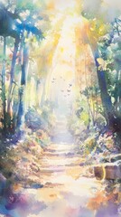 Poster - A captivating watercolor illustration depicting a soft light filtering through trees along a serene forest pathway. Ideal for evoking tranquility and beauty.