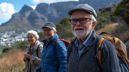 Aufkleber - Active aging lifestyles visualized through a group of elderly friends hiking in the mountains Stock Photo with side copy space