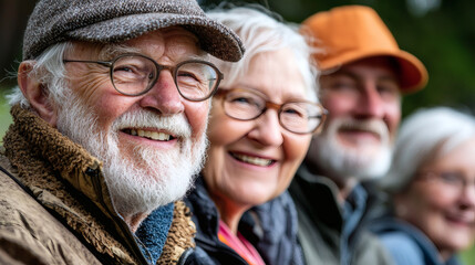Aufkleber - Active aging lifestyles visualized through a group of elderly friends hiking in the mountains Stock Photo with side copy space
