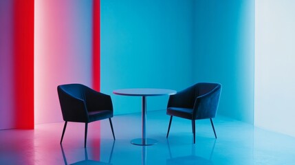 Poster - A blue room with two chairs and a table. The chairs are black and the table is silver. The room has a modern and minimalist design