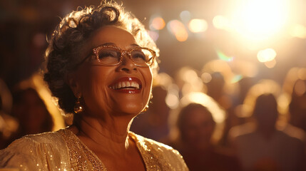 Poster - Active aging lifestyles emphasized through seniors participating in a dance class together Stock Photo with side copy space