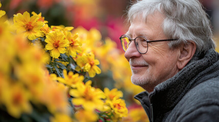 Poster - Active aging lifestyles visualized by a senior man participating in a community gardening event Stock Photo with side copy space