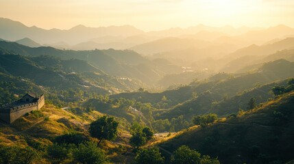 Wall Mural - Serene mountainous landscape at sunset with gentle hills and distant peaks.