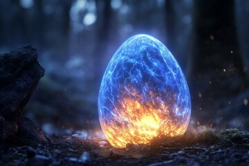 Sticker - Glowing blue egg sits on the ground in a forest. The egg is surrounded by fire, creating a sense of danger and mystery