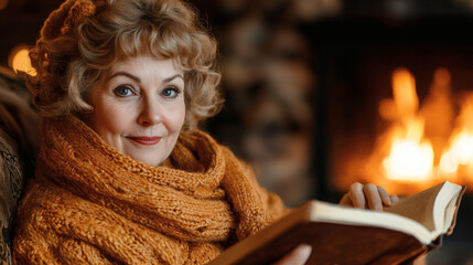 Poster - Retirement hobbies visualized by a senior woman knitting by the fireplace Stock Photo with side copy space