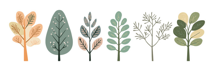 Set of tree and leaf collection hand drawn flat design vector element. botanical set of bare trees and ones with leaves and lush green