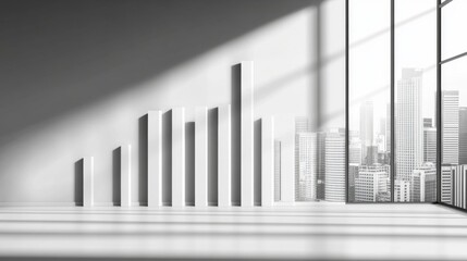 Poster - Minimalist D bar chart with tall, sleek bars in monochromatic tones, casting shadows on a clean, white background