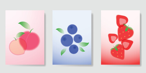 Wall Mural - abstract colorful gradient fruit card background set. minimalist poster with berry, cherry, dot half