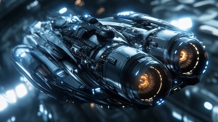 Wall Mural - a spaceship with two large engines. the engines are orange and yellow. the spaceship is in a blue an