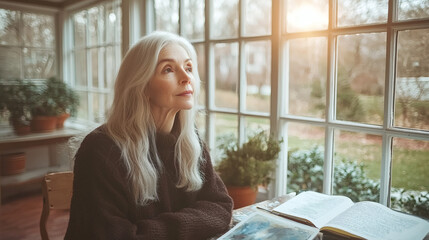 Retirement hobbies portrayed by a retired woman learning watercolor painting at home Stock Photo with side copy space