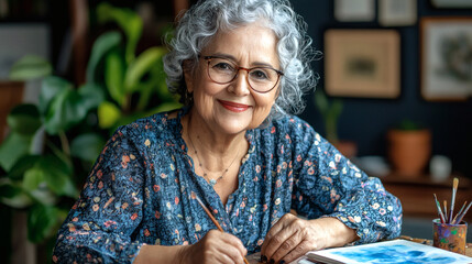 Poster - Retirement hobbies portrayed by a retired woman learning watercolor painting at home Stock Photo with side copy space