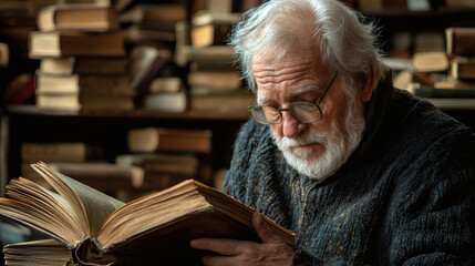 Poster - Retirement hobbies captured through an elderly man reading antique books in a library Stock Photo with side copy space