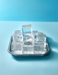Aufkleber - Clear ice cubes in a tray on a light blue background