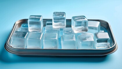 Aufkleber - Clear ice cubes in a tray on a light blue background