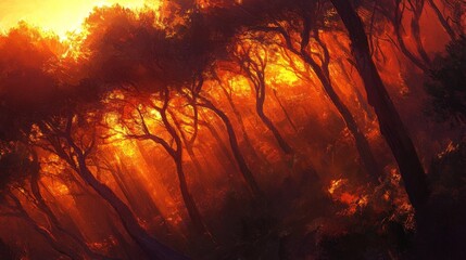 Poster - Sunset view with warm, golden sunlight streaming through a forest, illuminating the trees and creating a beautiful contrast