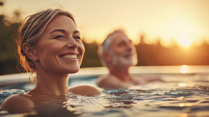 Poster - Elderly wellness captured through a senior couple swimming leisurely in a community pool Stock Photo with side copy space