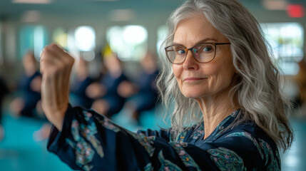 Poster - Elderly wellness visualized by a retired woman participating in a tai chi session at a community center Stock Photo with side copy space