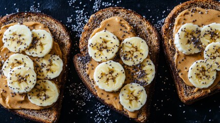 Poster - Toast topped with creamy peanut butter and banana slices, sprinkled with chia seeds, creating a nutritious and delicious breakfast option