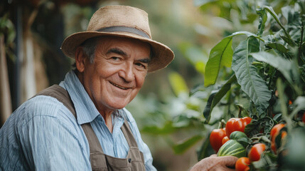 Poster - Elderly wellness depicted by a senior man picking fresh vegetables from his garden Stock Photo with side copy space
