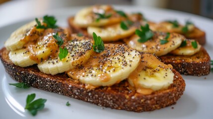 Poster - Toast topped with creamy peanut butter and banana slices, sprinkled with chia seeds, creating a nutritious and delicious breakfast option