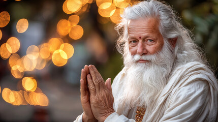 Poster - Elderly wellness portrayed by a senior man practicing breathing exercises outdoors at sunrise Stock Photo with side copy space