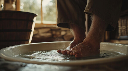 Poster - Elderly wellness visualized through a senior man enjoying a relaxing foot soak at home Stock Photo with side copy space