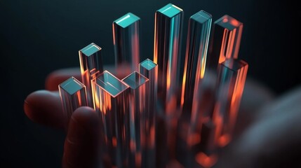 Fototapete - Transparent D bar graph with glowing edges, set against a dark background for a modern, tech-inspired look