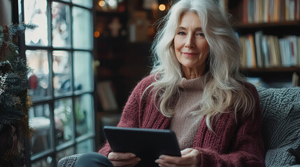 Poster - Assistive technology for seniors depicted by a retired woman using a tablet with large font settings Stock Photo with side copy space