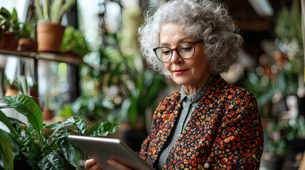 Poster - Assistive technology for seniors depicted by a retired woman using a tablet with large font settings Stock Photo with side copy space