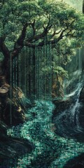 Poster - Discover a surreal digital forest scene where majestic trees are intertwined with flowing binary code, creating a mystical atmosphere.