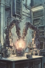 Poster - A high-tech laboratory featuring robotic arms working on a glowing sphere, showcasing advanced technology and innovation.
