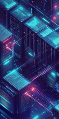 Poster - Futuristic Isometric Grid Displaying High-Tech Servers and Storage Units with Neon Lights and Digital Effects