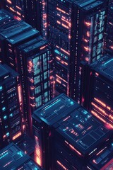 Poster - Vast Isometric Perspective of a Server Farm with Neon Lights and High-Tech Infrastructure