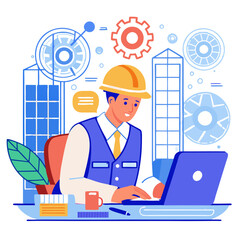 Poster - A civil engineer is focused on detailed blueprints while seated at a desk in an office