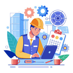 Poster - A civil engineer engages with blueprints on a laptop in a contemporary office. Surrounding graphics depict gears and project planning elements, reflecting an organized workspace