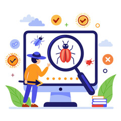 Poster - A software tester focuses on identifying bugs displayed on a computer screen, using a magnifying glass. The vibrant workspace features checkmarks and insects, indicating active scrutiny of issues