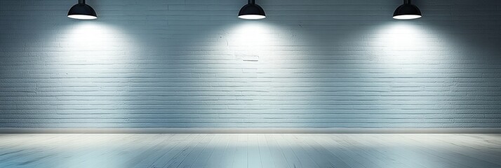 Poster - empty room with spotlights illuminating a chaos of shadows and textures on white brick wall and wood
