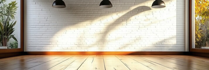 Poster - empty room with bright natural light and shadows on white brick wall, chaotic atmosphere, ideal for 