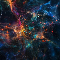 Poster - Surreal Digital Network Visualization Featuring Colorful Connections and Abstract Patterns in a Cosmic Space