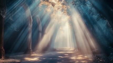 Poster - Encounter a surreal and dreamy environment where light filters through a wooded canopy, creating a mystical atmosphere filled with tranquility and beauty.