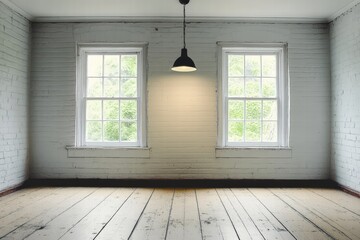 Poster - empty room with natural light and simple design, featuring white brick walls and wooden floor in a p