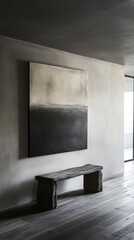 Wall Mural - a black and white painting is hanging on a wall. a wooden bench is placed in front of the painting