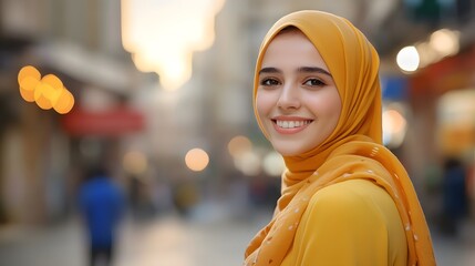 Vibrant young Muslim woman wearing a yellow hijab smiling joyfully in an urban street setting conveying the spirit of Ramadan Mubarak and the Eid al Fitr The image exudes a sense of happiness