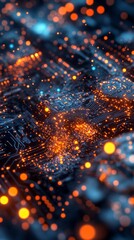 Poster - A computer chip with orange and blue lights. The lights are scattered all over the chip. The chip is very small